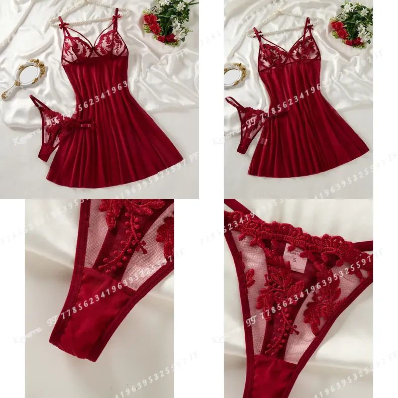 Embroidery Design Free - Wijnrode damesnachthemd in landelijke stijl met