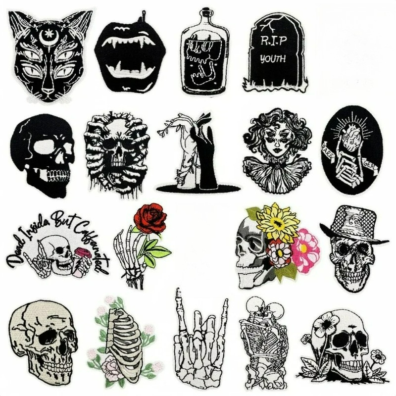 Embroidery On Black Shirt - Zwarte Punk Terro Skull Roses Cat