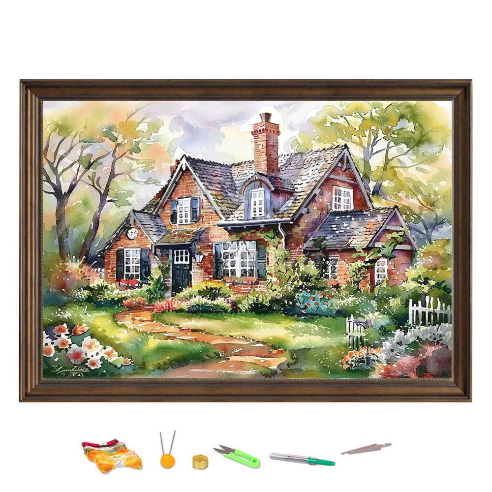 Embroidery Vs Cross Stitch - Kruissteek Borduurwerk Boshuis Met Schoorsteen Landschap