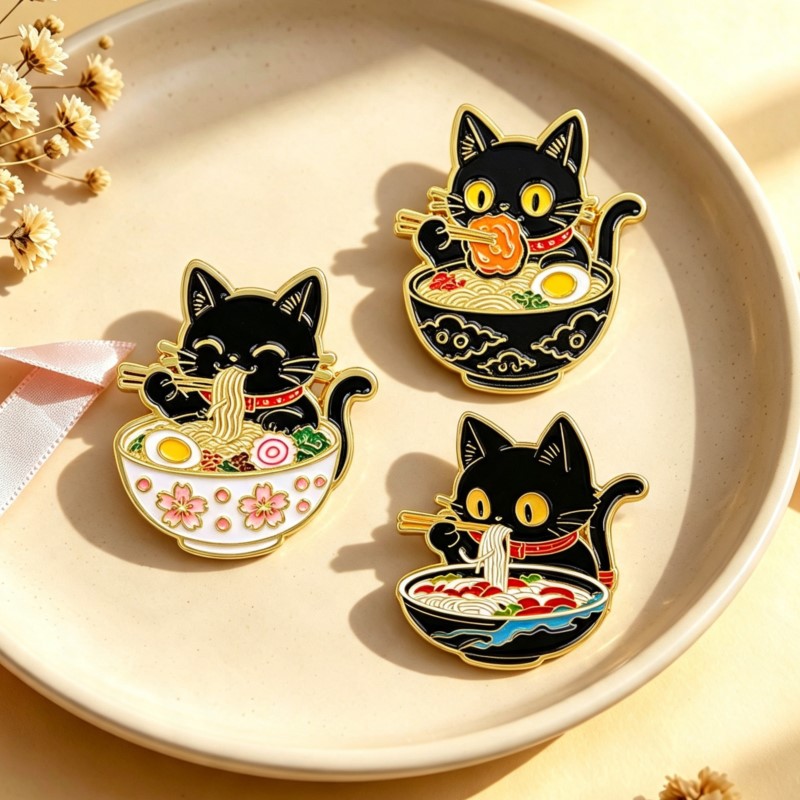 Embroidery Wallpaper - Schattige Zwarte Kat die Noedels Eet